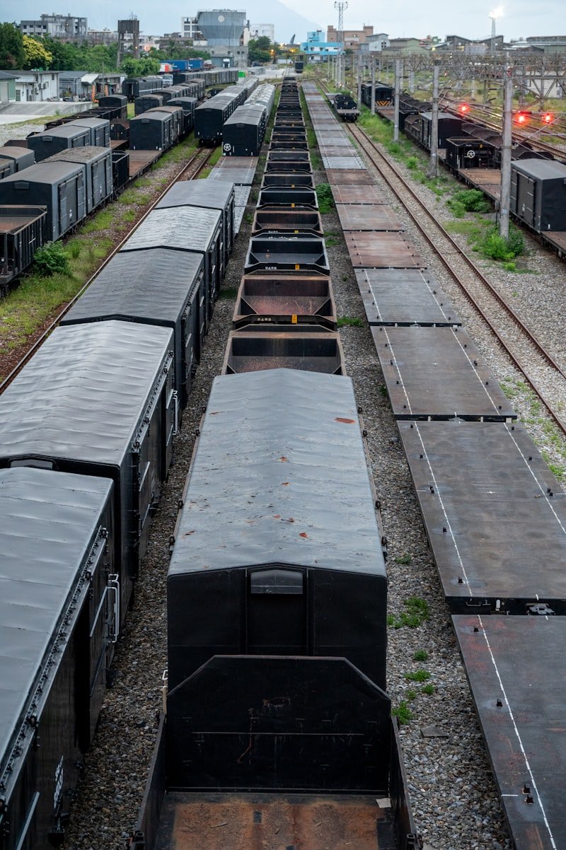 Rows of freight trains on a railway yard